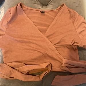 Medium, Pink, Short Sleeve, Wrap Around Crop Top